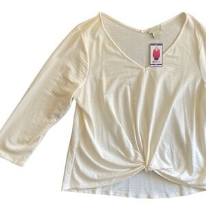 Status by Chenault‎ Cream Knot Front Top V-Neck 3/4 Sleeve Blouse XXL NEW